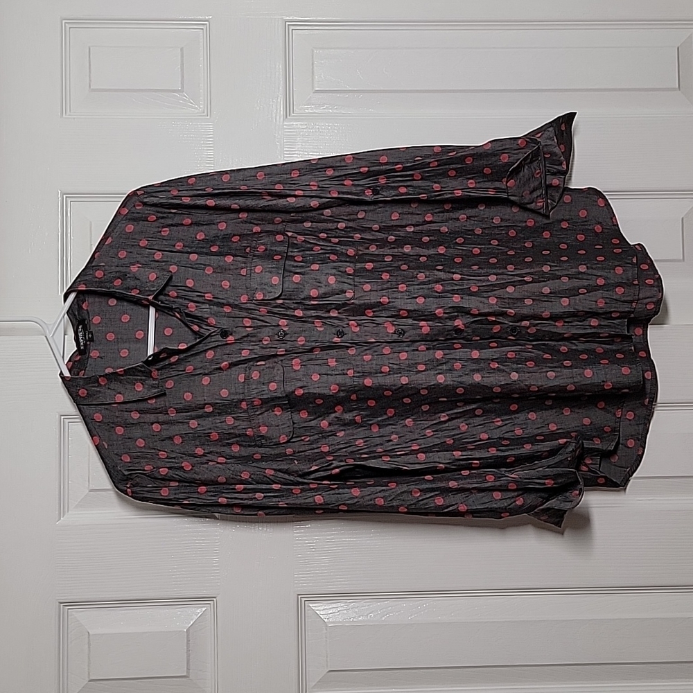Express Charcoal and Pink Polka Dot Blouse L